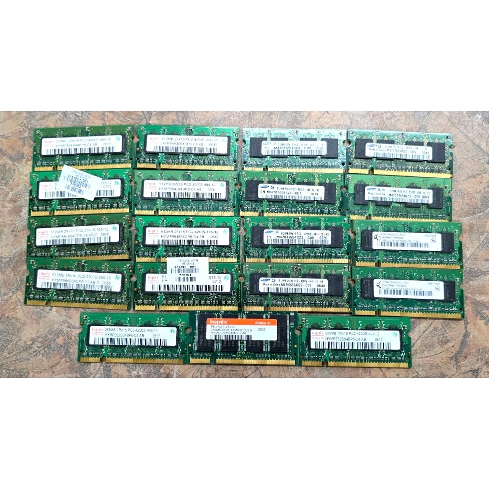 Lot Of 19 DDR2 Laptop Ram Sticks (3) 256Mb, (16) 512Mb - UNTESTED